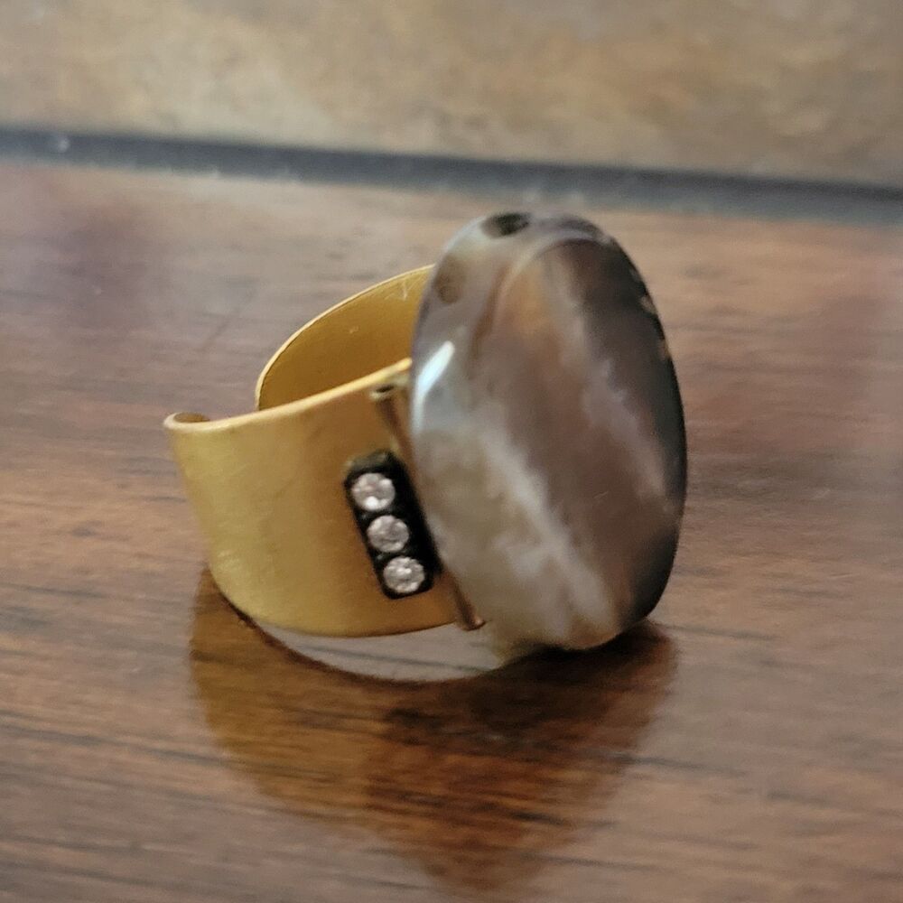 Artisan Gold Tone Ring Agate Gemstone With Crystal Accents Size 7 Adj.